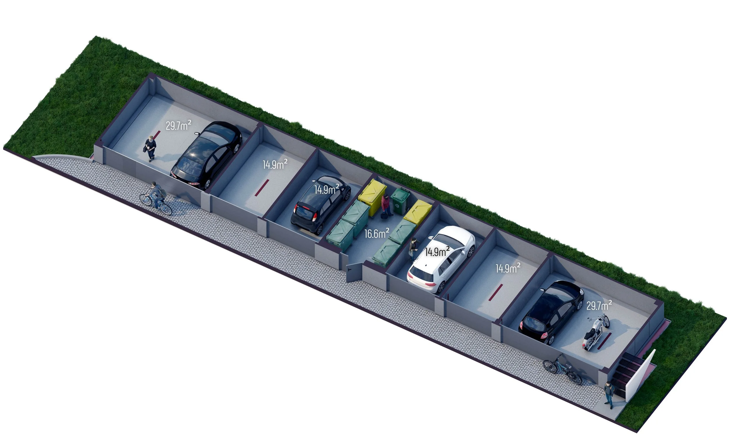 GarageBOX — parter: garaże 29,7 m² i 14,9 m² oraz pomieszczenie na odpady 16,6 m²