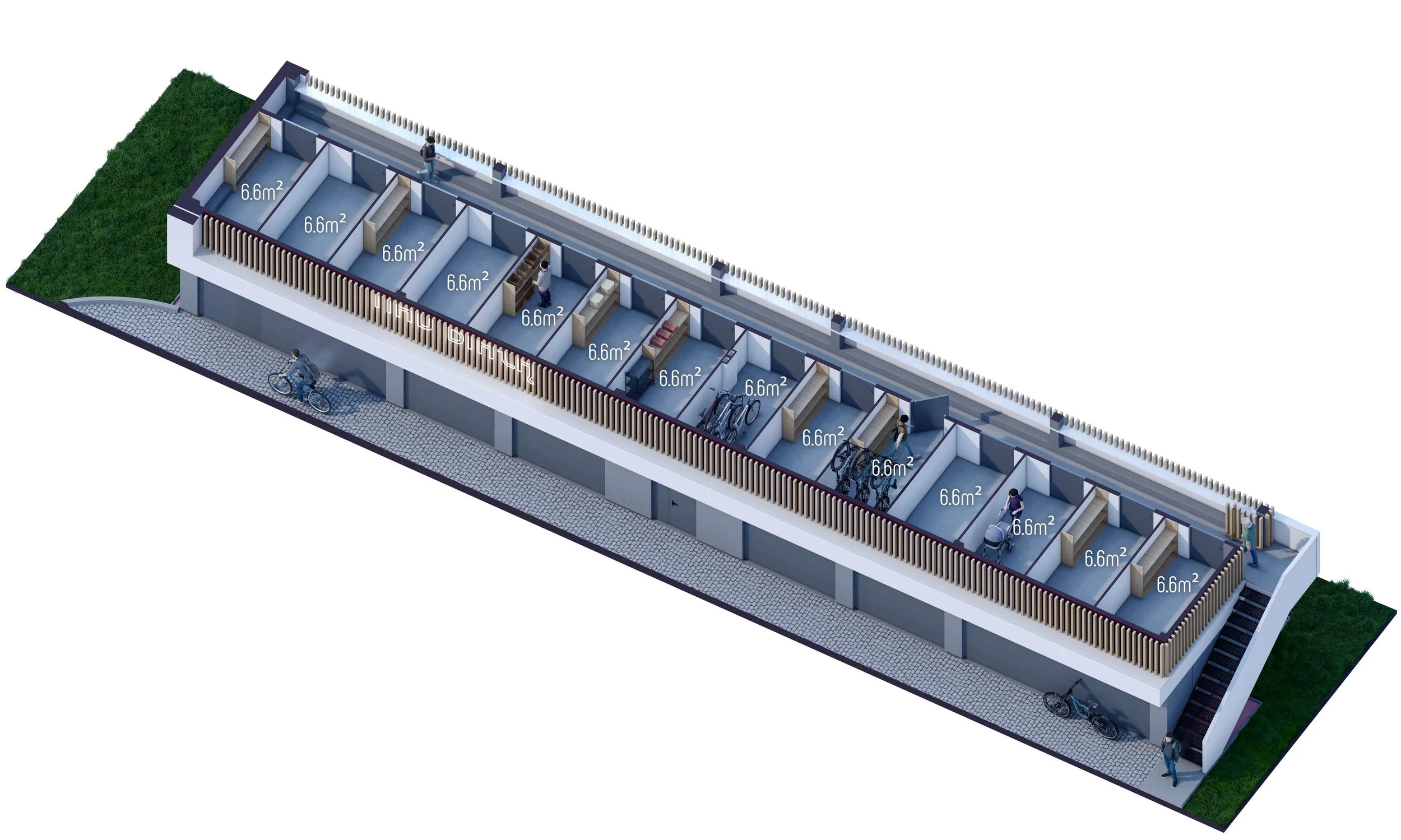 GarageBOX — piętro: 14 komórek lokatorskich po 6,6 m²